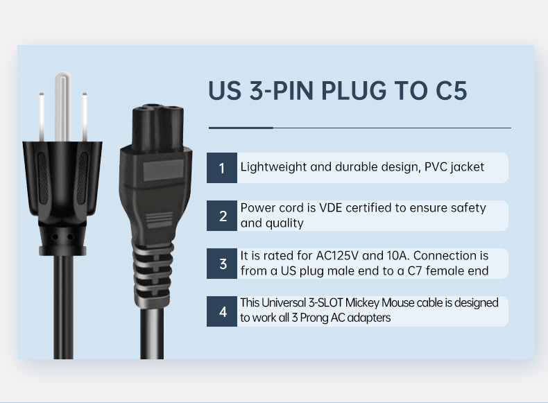 US Plug To C5 110v US Computer Power Cord IEC  3 Prong Connector(图2)
