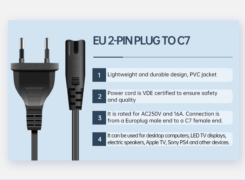 Britain Standard Fused Plug IEC C7 Power Cord 2 Pin(图2)