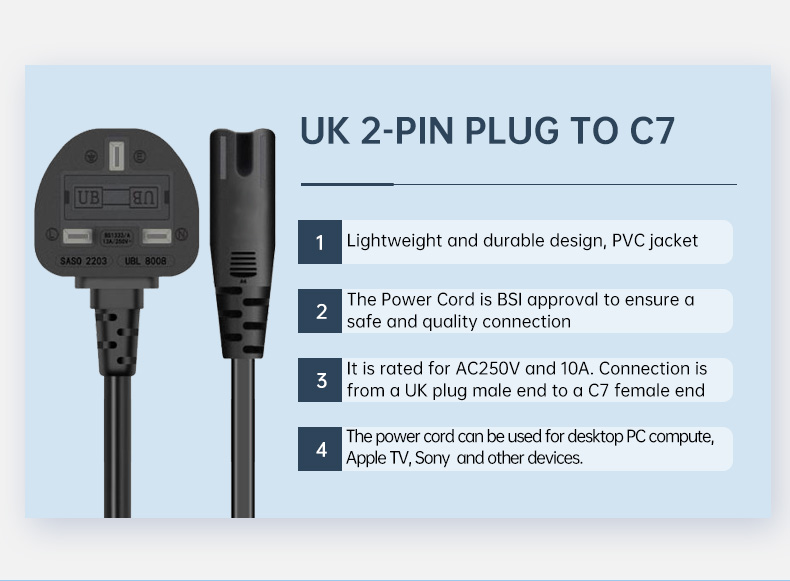 Britain Standard Fused Plug IEC C7 Power Cord 2 Pin(图2)